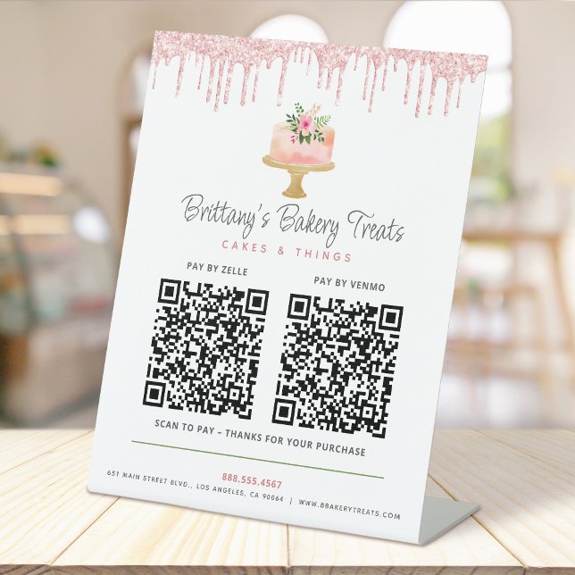 Cake Blush Pink 2 QR Code Pay Here Bakery Glitter Pedestal Sign (Creator Uploaded)