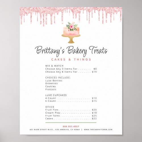 Cake Blush Pink Glitter Drips Menu Price List Chic Poster