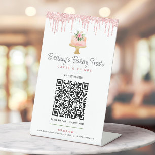 Cake Blush Pink QR Code Pay Here Bakery Glitter Pedestal Sign