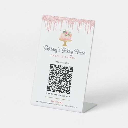 Cake Blush Pink QR Code Pay Here Bakery Glitter Pedestal Sign