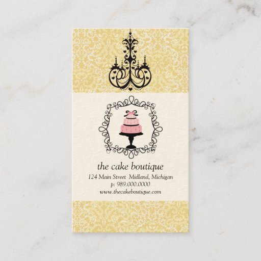 Customizable Cake Boutique Fancy Yellow Damask Business Cards