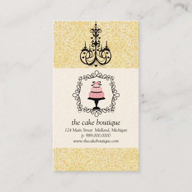 Cake Boutique Fancy Yellow Damask Business Cards (Front)