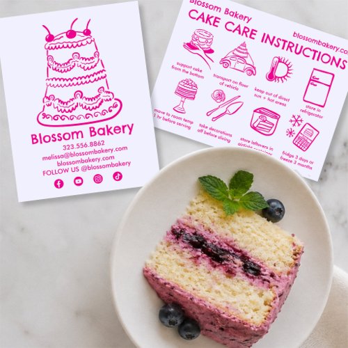 Cake Care Card Instructions Bakery Wedding Bday