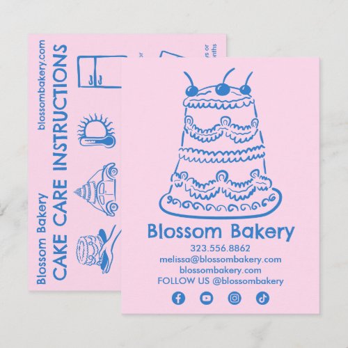 Cake Care Card Instructions Bakery Wedding Bday