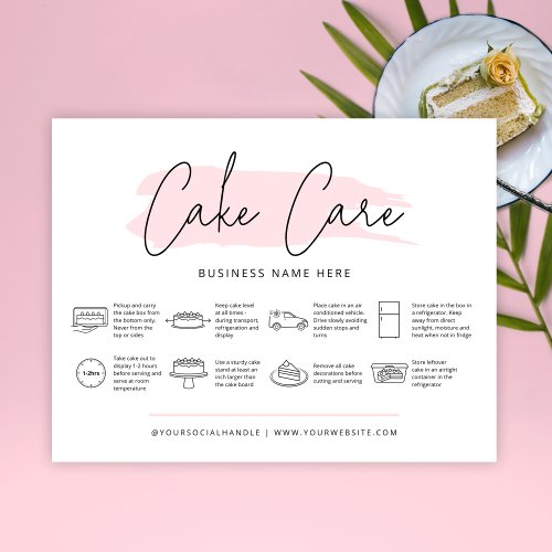 Cake Care Card Instructions Girly Pink Watercolor