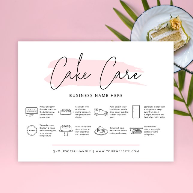 Cake Care Card Instructions Girly Pink Watercolor (Creator Uploaded)