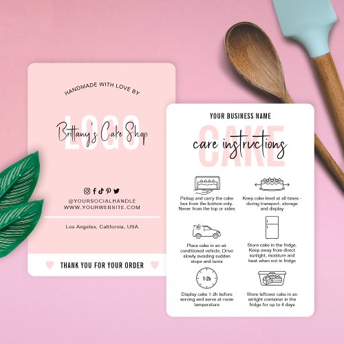 Cake Care Instructions Modern Blush Pink Bakery Business Card