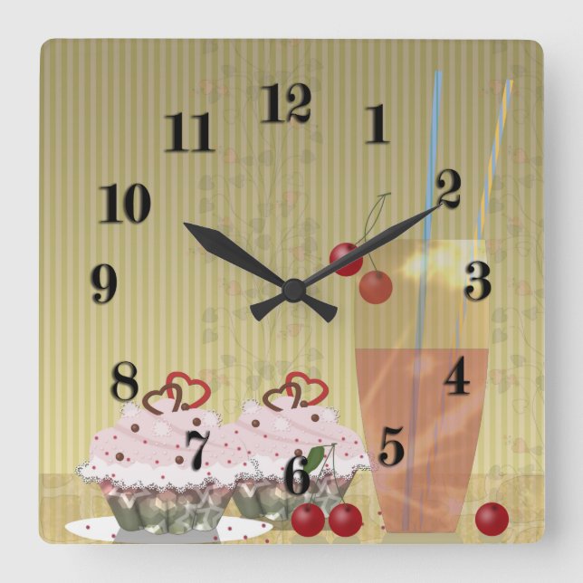 Cake cocktail sweet desserts cherry retro vintage square wall clock