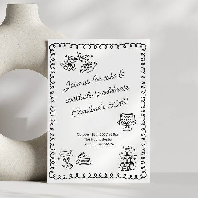 Cake Cocktails 50th Birthday Black White Doodle  Invitation (Creator Uploaded)