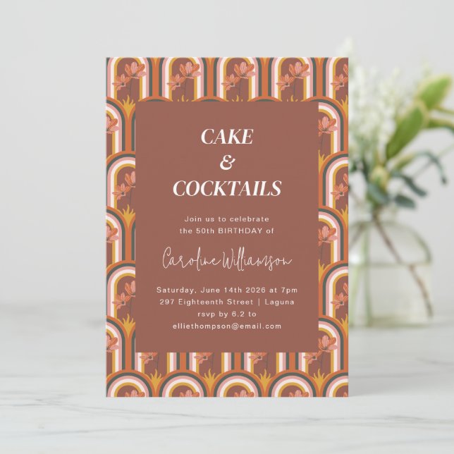 Cake Cocktails Retro 50th Birthday Terracotta Invitation (Standing Front)