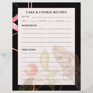 Cake & Cookie Recipe Black Botanical Butterfly