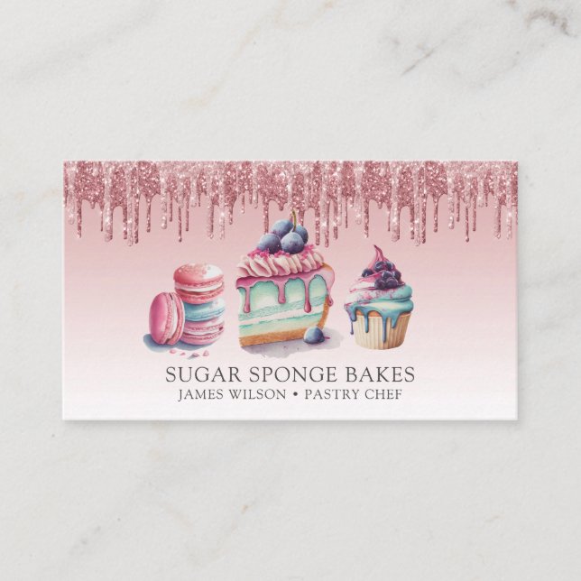 Cake Cookies Cupcake Pastry Chef Rose Gold Glitter Business Card (Front)