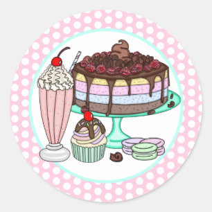 Cake, Cupcake, Milkshake and Macaroons  Classic Round Sticker