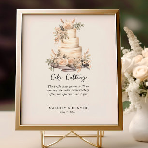 Cake Cutting Neutral Wedding Reception Information Poster