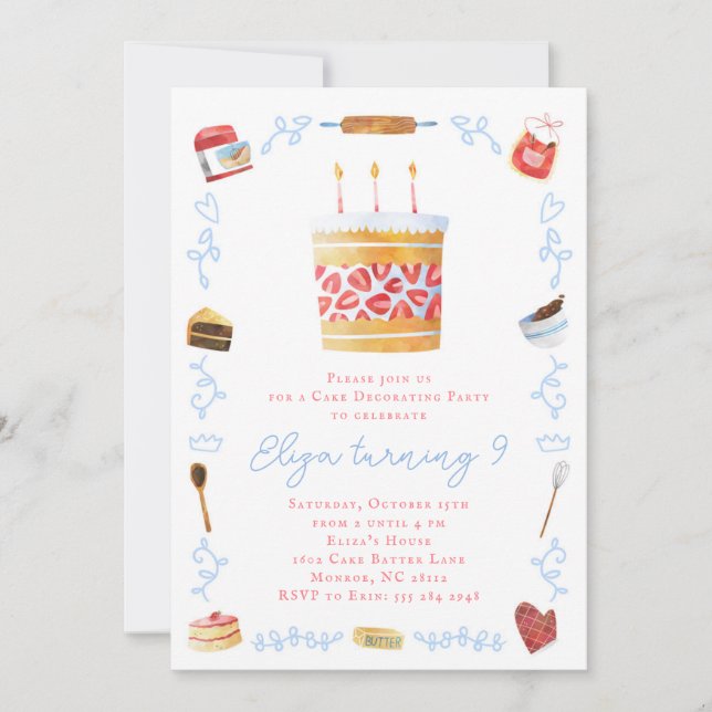 Cake Decorating Invitation - Baking Birthday Party (Front)