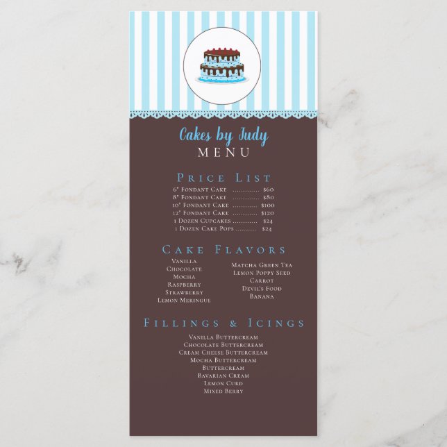 Cake Decorator Whimsicial Blue & Brown Bakery CUTE Menu (Front)