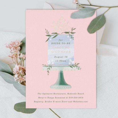 Cake Dessert Blush Pink Bridal Shower Foil Invitation