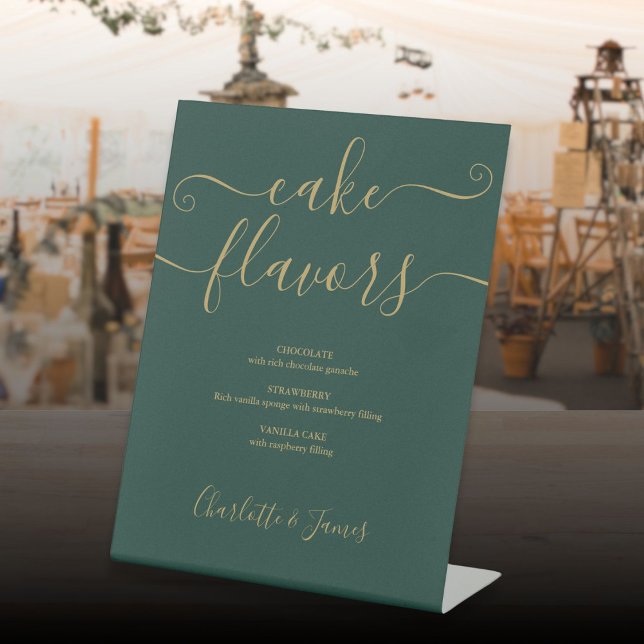 Cake Flavors Emerald Green And Gold Script Pedestal Sign (Cake Flavors Emerald Green And Gold Script Pedestal Sign)