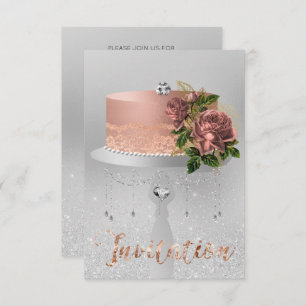 Cake Flower Rose Gold Crystals Silver Gray Glitter Invitation
