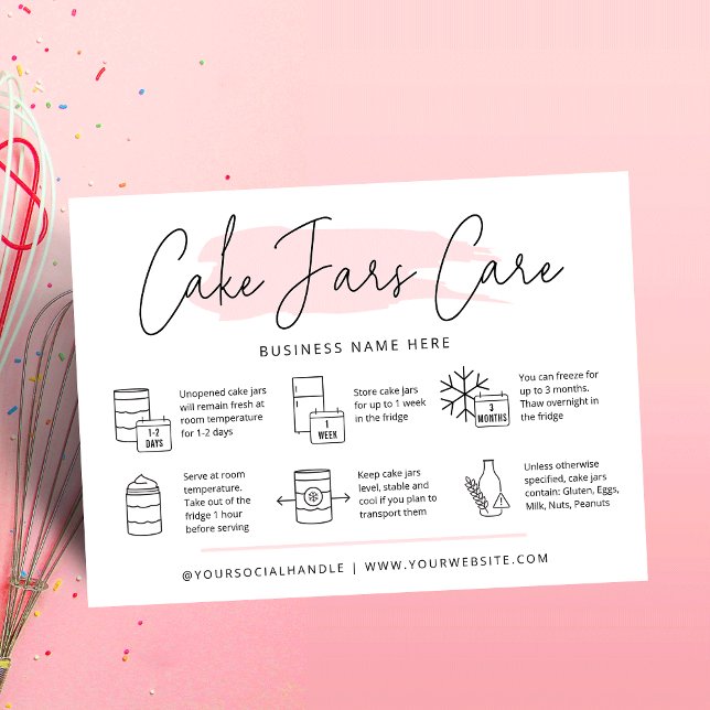 Cake in a Jar Care Cards Modern Pink Watercolor (Modern cake jars care cards with icons, trendy fonts and pink watercolor design and your logo)