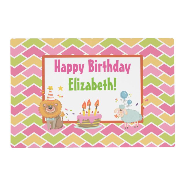 Cake, Lion, Sheep and Balloons Happy Birthday Placemat (Front)