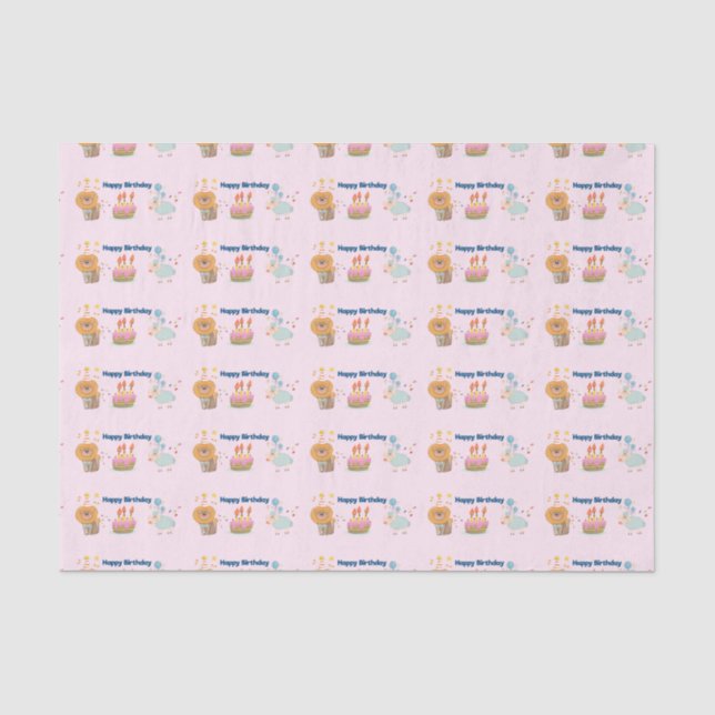 Cake, Lion, Sheep and Balloons Happy Birthday Tissue Paper (Front)