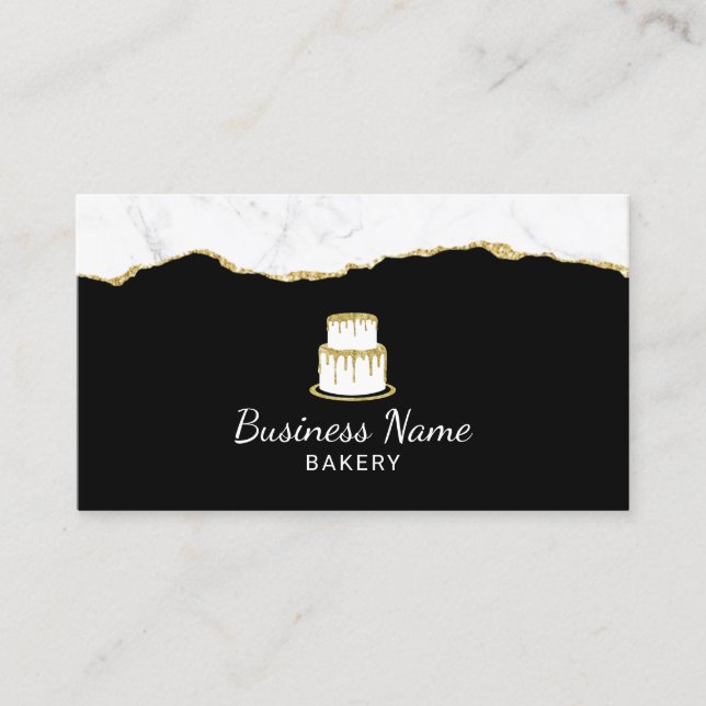 Cake Logo Bakery Pastry Chef Trendy Black & Gold Business Card (Front)