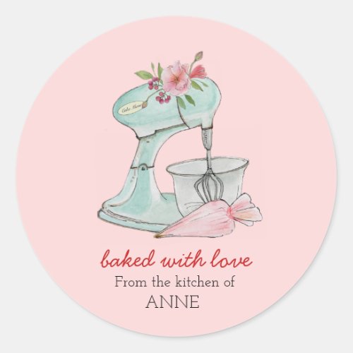 Cake mixer Baked with love pink  Classic Round Sticker