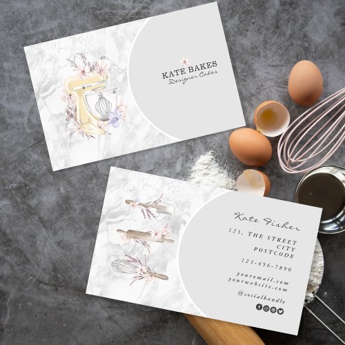 Cake Mixer Bakery Floral Marble Gray Business Card