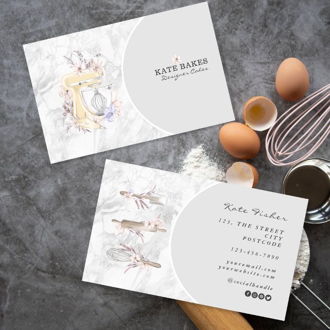 Cake Mixer Bakery Floral Marble Gray Business Card (cake bakery chef)