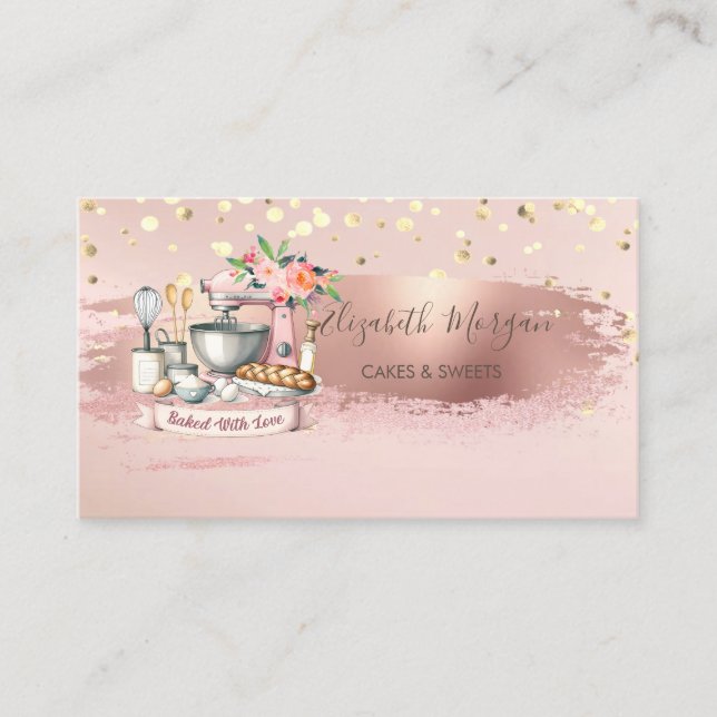 Cake Mixer Flower,Gold Confetti, Brush Stroke  Business Card (Front)