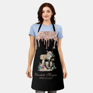 Cake Mixer Flowers Rose Gold Drips Bakery Black Apron