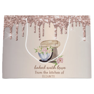 Cake Mixer Flowers Rose Gold Glitter Drips Bakery Large Gift Bag