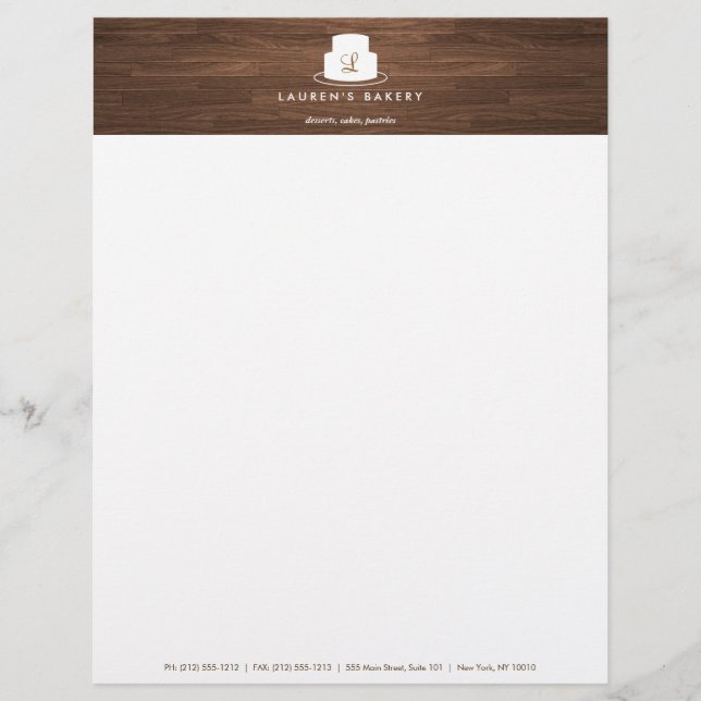 Cake Monogram Logo in White on Brown Woodgrain Letterhead (Front)