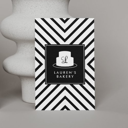 Cake Monogram Logo with Mod Stripe Pattern Bakery Business Card