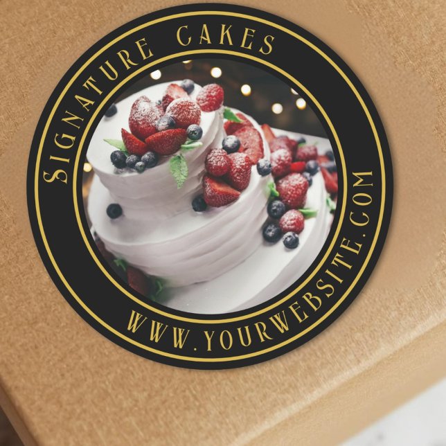 Cake Packaging Custom Photo GoldText Black Sticker (Creator Uploaded)