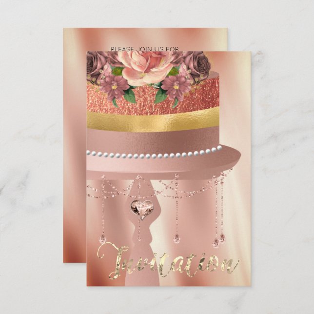 Cake Pink Rose Gold Crystals Curtains Silk Glitter Invitation (Front/Back)