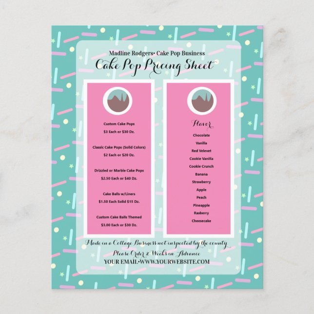 Cake Pop Business Logo Sprinkles Pricing List Flyer (Front)