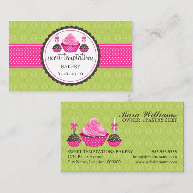 Cake Pops and Cupcake Green Pink Business Card (Front/Back)