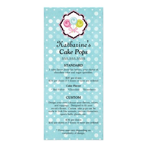 Cake Pops Bakery Custom Promotion Price List Rack Card