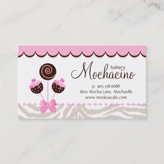 Cake Pops Business Card Bakery Pink Brown Zebra (Front)