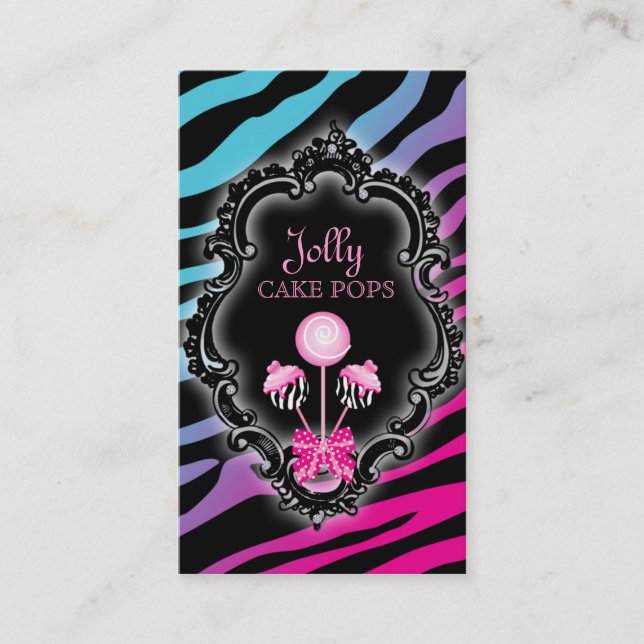Cake Pops Business Card Retro Zebra Pink Blue (Front)