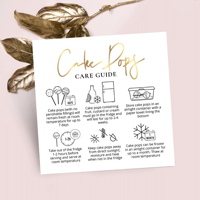 Cake Pops Care Guide White & Gold Modern Bakery Square Business Card (Creator Uploaded)