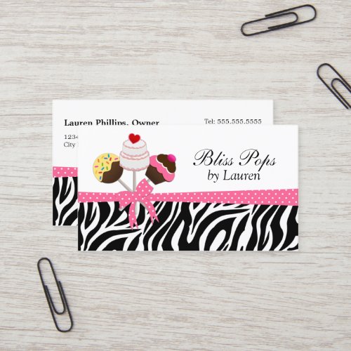 Cake Pops Zebra Stripes Ribbon Bakery Business Card Template