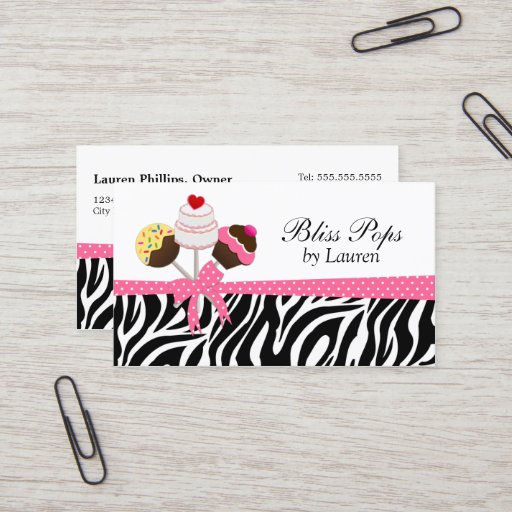 Customizable Cake Pops Zebra Stripes Ribbon Bakery Business Card Template