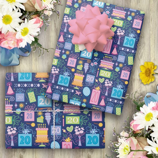 Cake Presents Balloons Blue 20th Birthday  Wrapping Paper Sheets (Creator Uploaded)
