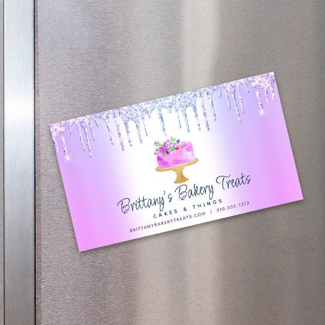 Cake Purple Ombre Glitter Drips Bakery Pastry Chef Business Card Magnet (Creator Uploaded)