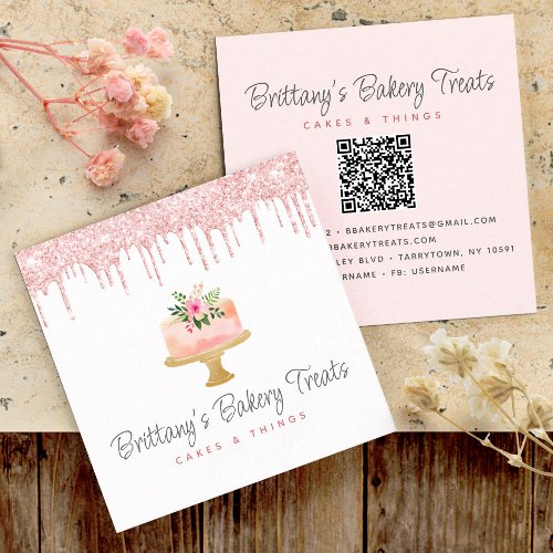 Cake QR Code Blush Pink Glitter Drips Pastry Chef Square Business Card