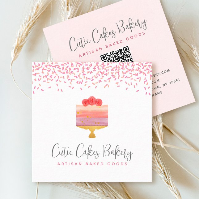 Cake QR Code Pink Ombre Sprinkles Pastry Chef Chic Square Business Card (Creator Uploaded)