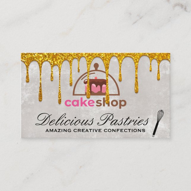 Cake Shop | Gold Drip Whisk Business Card (Front)
